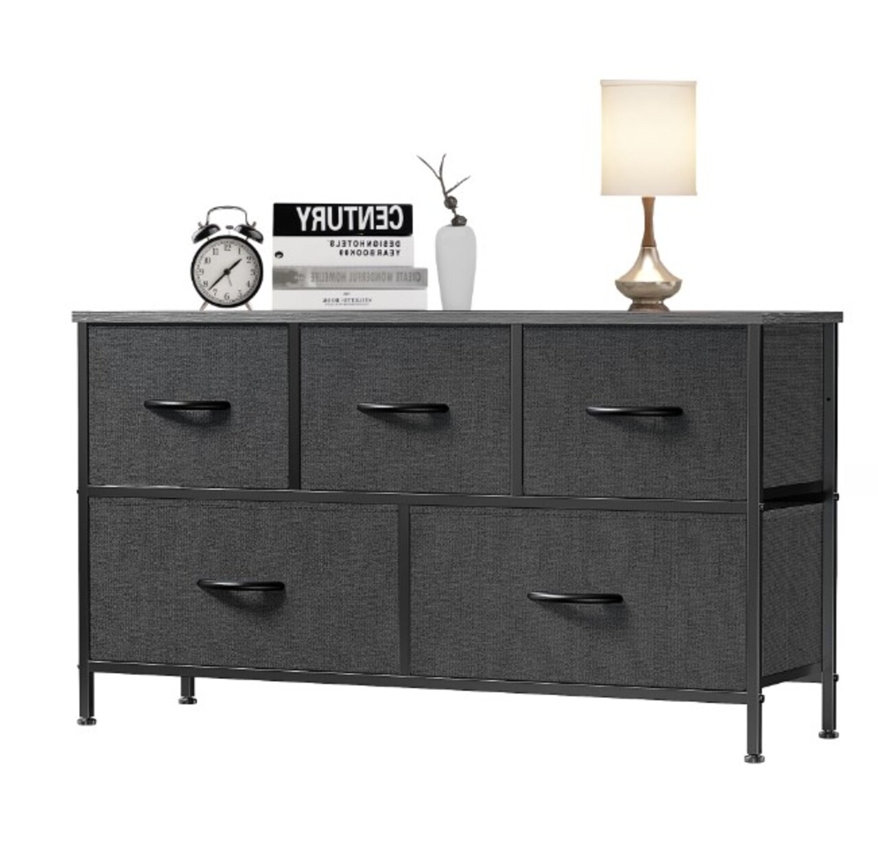 5 Drawer Dresser, Nightstand Storage Tower Storage Dresser Fabric Dresser With Wood Top for Living Room, Bedroom, Hallway, and Nursery, Black